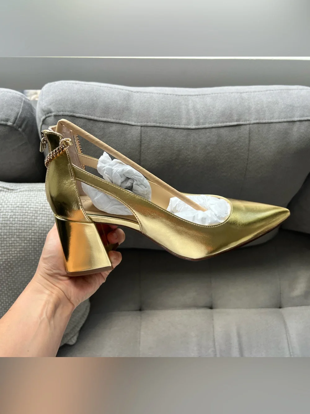 Jessica Simpson Gold Metallic Block Heel Pumps with Chain Ankle Strap